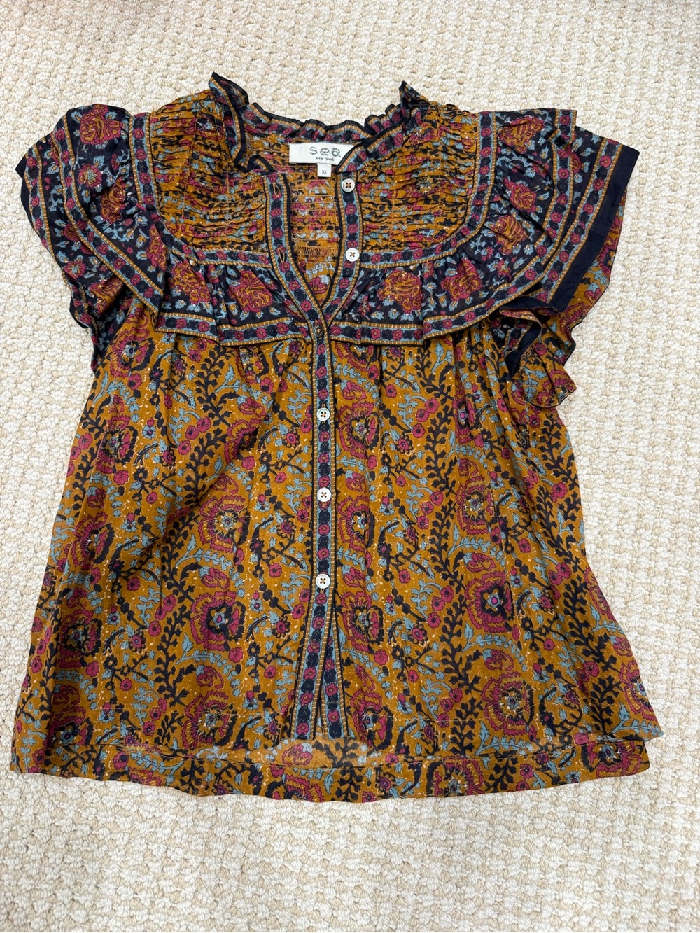 SeaNY Women’s  Mustard Floral Ruffle Button-Front Top